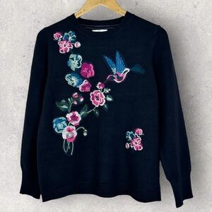 RJR John Rocha Blue Floral Embroidered Knit Sweater Crew Neck Pullover Navy Boho